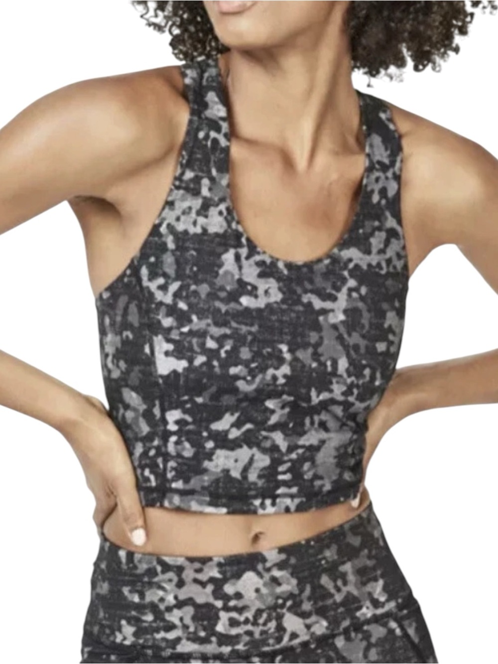 SWEATY BETTY Power Crop Sports Bra Gray Black Camo Racerback Longline Medium